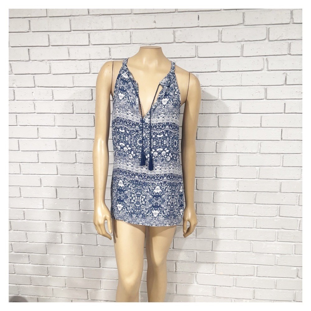 St. Tropez Blue White Damask Floral Boho Tassel Tie V-Neck Halter Tunic Tank Top